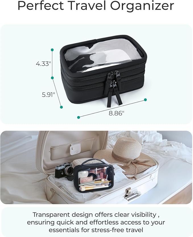 BAGSMART Double Layer Clear Makeup Bag, TSA-Approved Toiletry Bag, Large Opening with Handle, Cute Water-Resistant Travel Cosmetic Bag with Double Zipper for Car Essentials(Black) - Image 5