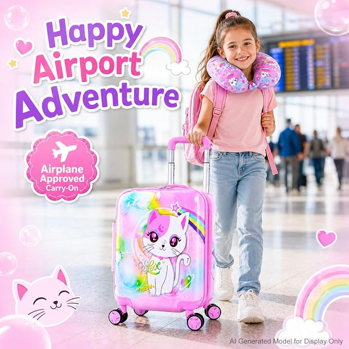 Kids Luggage Set with Wheels, Lightweight Hardshell Spinner Suitcase 2PCS - Airplane Approved Carry-On for Girls & Children Ages 3-10, Pink Cat Rolling Suitcases for Elementary Toddler Travel - Image 2
