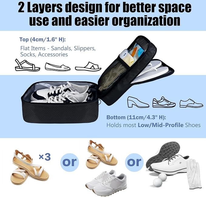 Shoe Bag for Travel,2 Layers Shoes Organizer,Honeycomb Grey | Holds 3 Pairs,Trolley Strap,Easy Clean Lining,Leak Proof,Dual Zippers - Image 5