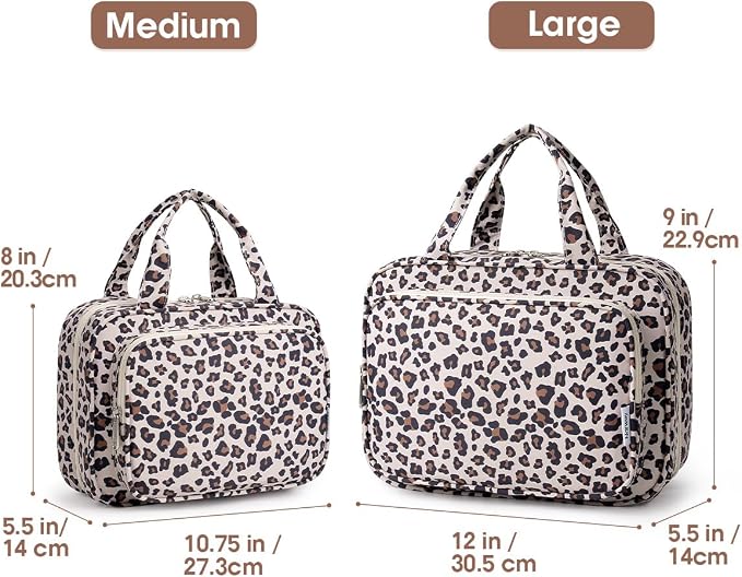 Narwey Travel Toiletry Bag for Women Large Capacity, Hanging Makeup Bag Organizer Toiletries Bag for Full Size Essentials, Accessories, Brushes, Cosmetics (Beige Leopard (Large)) - Image 2
