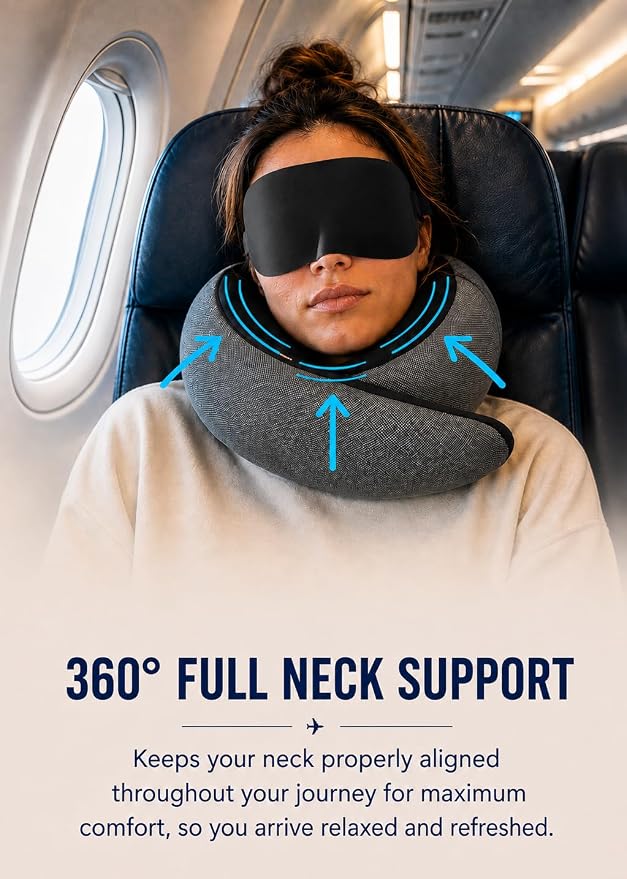 sleepfly Travel Neck Pillow with Hood – Travel Essentials Kit : Neck Pillow, Eye Mask & Silicone Earplugs – Ergonomic Memory Foam Neck Support for Airplane, Car and Train - Image 4