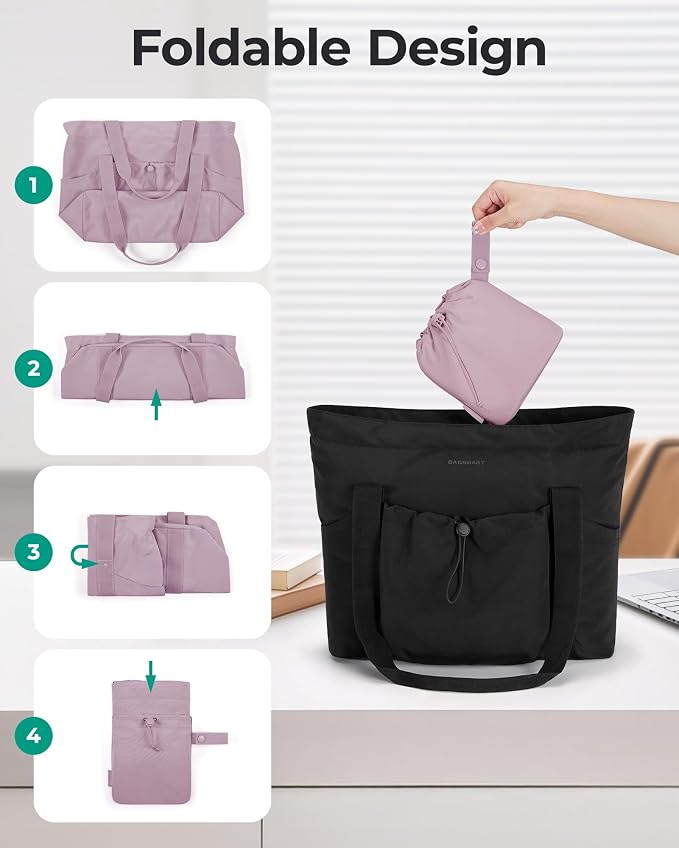 BAGSMART Foldable Tote Bag with Drawstring Bag, Tote Bag Shoulder Bag Top Handle Handbag for Travel, Work, Beach, Gym - Image 4