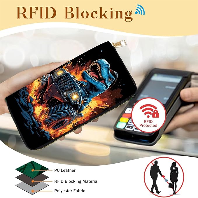 Women's RFID Blocking PU Leather Zip-Around Wallet, Large Capacity Clutch with Phone Holder, Travel Purse & Card Organizer with Removable Wristlet,Dinosaur in Monster Truck - Image 2