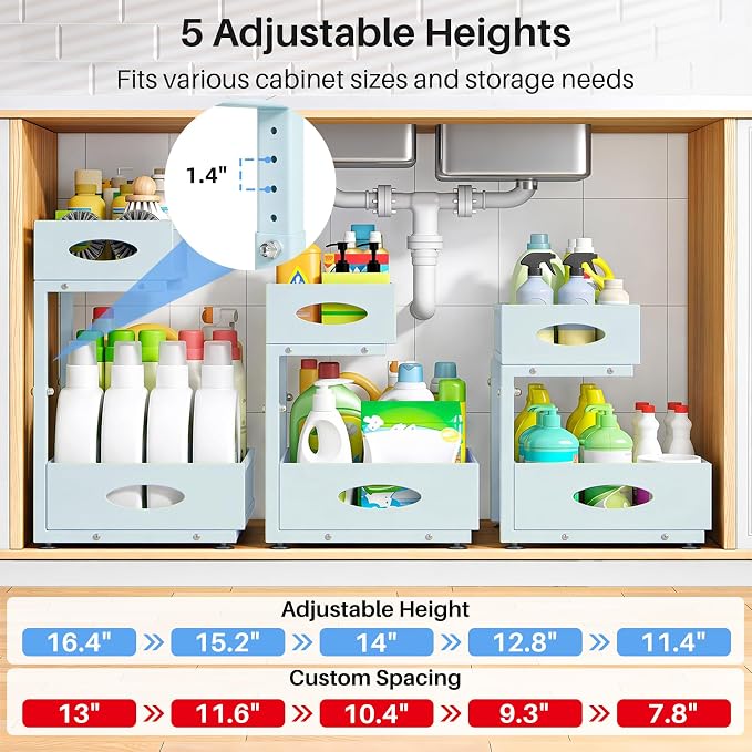 Under Sink Organizer, 2 Tier Pull Out Under Cabinet Organizer Shelf with Pad for Framed Cabinets, Metal Slide Out Under Sink Storage, Mesh Sliding Drawers for Kitchen Bathroom Laundry(Blue, 1 Pack) - Image 5
