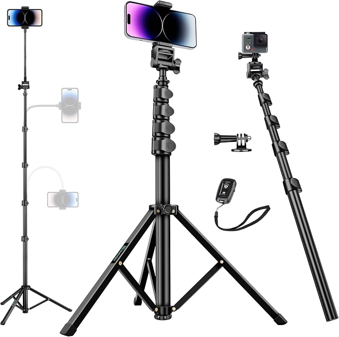 80" Phone Tripod, Selfie Stick, Aluminum Cellphone Tripod Stand | for Video Photo Vlog, Travel Tripods with Gooseneck Remote Phone Holder, Compatible with iPhone Android Smartphone by Nineigh