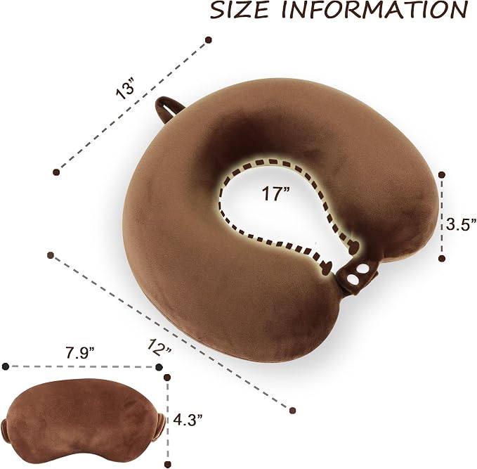 Sexysamba Pure Memory Foam Travel Pillow Set for Adults - Comfortable & Removable Machine Washable Cover, Neck Support Pillow Airplane Travel Kit with Eye Mask for Portable Plane Accessories - Brown - Image 2
