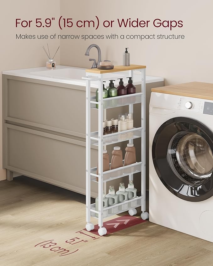 VASAGLE Slim Rolling Cart, 5-Tier Storage Cart, Narrow Cart with Handle, 5.1 Inches Deep, Metal Frame, for Kitchen, Dining Room, Living Room, Home Office, Oak Beige and Classic White ULRC034W09 - Image 3