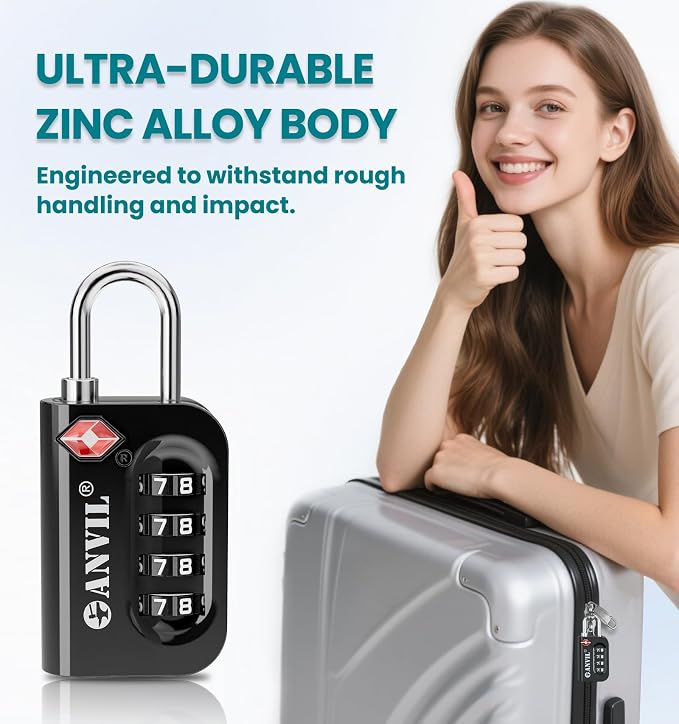 ANVIL TSA Approved Luggage Lock - 4 Digit Combination, 10,000 Combinations, Easy-Read Password Window, Travel Lock for Suitcases, Backpacks, Gym & Student Lockers, Baggage - Image 6