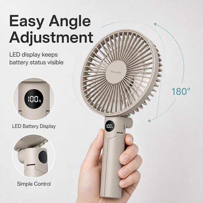 Quiet Handheld Camping Fan, Portable Fan Rechargeable, 12H Battery Life | 3000mAh battery powered hand held fan with USB-C charging, digital display, 4 speeds and quiet airflow for camping and travel - Image 5