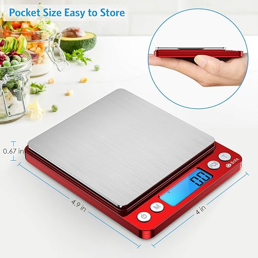 Digital Kitchen Scale, 3000g Pocket Cooking Scale with 0.1g Accuracy, Mini Food Scale, Pro Electronic Jewelry Scale with Back-Lit LCD Display, Tare & PCS Functions (Red, Batteries Included) - Image 5