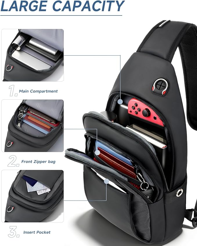 Sling Bag for Men, Anti Theft Crossbody Bag with Lockable Zipper, Water Resistant Chest Bag Fits 11” iPad & Switch 2, Lightweight Sling Backpack for Travel, Work & Commuting - Image 3