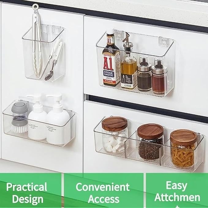 4 Pack Plastic Over Cabinet Door Organizer, Adhesive Mount Storage Organizer Container Makeup Organizer Hanging Basket Bins for Craft Room, Pantry, Office, Space Saving Holder for Kitchen Bags - Image 3