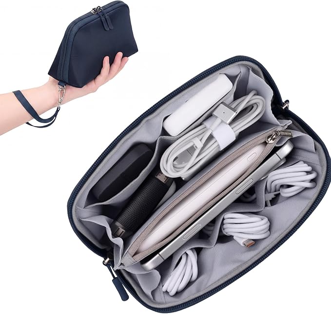 FYY Travel Cable Organizer - 8 Compartments, Lightweight, Water Repellent | With Wrist Strap, Portable Tech Pouch for Cord Charger, Travel and Business Trips Use, Soft Shell Nylon, Navy (Small) by FYY