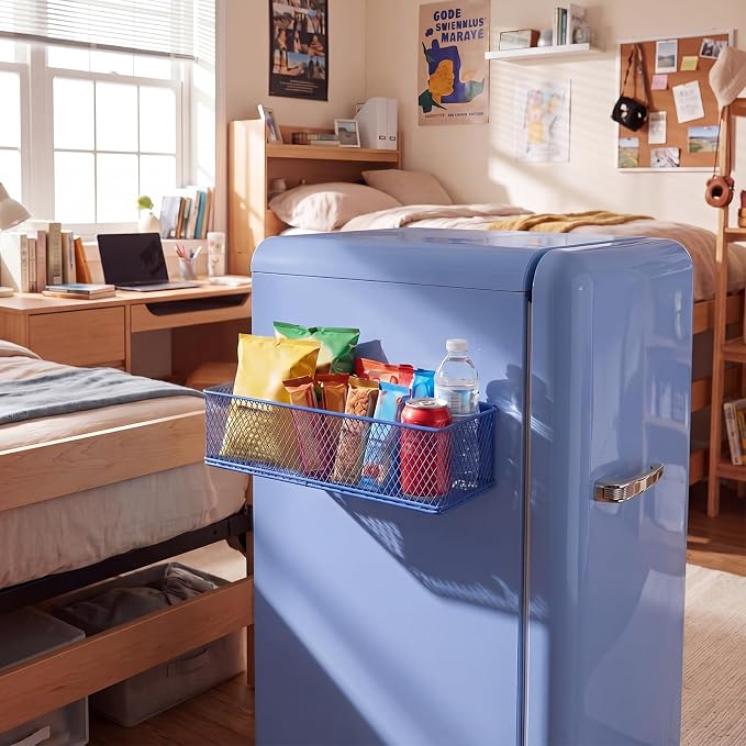 FoldTier 1 Pack Blue Magnetic Basket Dorm Mini Fridge Shelf Organizer Kitchen Storage Bin Container Spice Holder for Locker Refrigerator Pantry Dorm Essentials (13.8 x 3.1 x 4.9 Inch) - Image 6