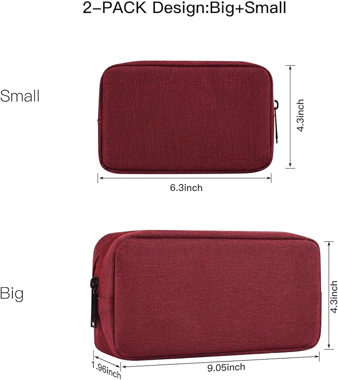 imComor Universal Electronics Accessories Case Bag, 2-Pack Portable Soft Carrying Case Bag Pouch Wire Cable Organizer for Hard Drive, Power Adapter, Laptop Mouse, Cosmetics Kit, Small+Big-Wine Red - Image 2