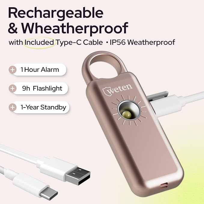 Personal Safety Alarm Keychain for Women, 130dB, LED Light, Metallic Rose | USB-C Rechargeable, Bottom Speaker Siren, Wristlet and Carabiner Clip, Weatherproof, Low Battery Alert - Image 4