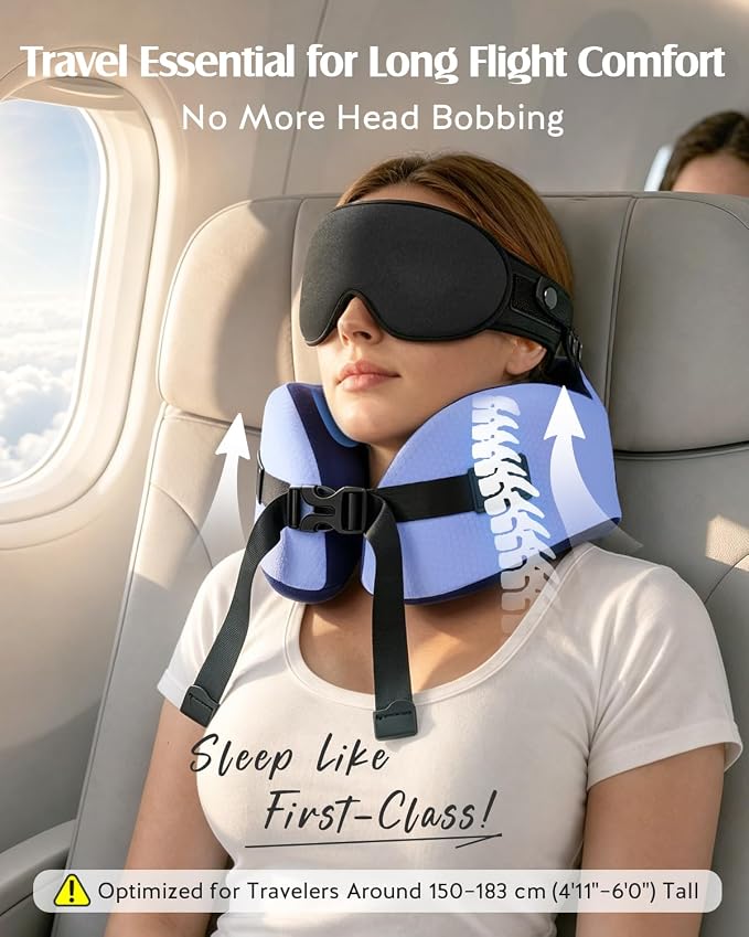 YFONG Travel Pillow with 3D Sleep Mask for Long Flights Airplane, Blue | Patented 360° Ergonomic Sleeper Hold Head Support System, Memory Foam Neck Pillow, Prevents Head Bobbing, Adjustable Strap - Image 2