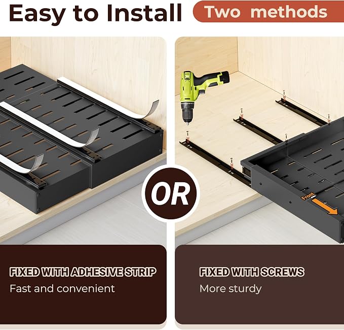 1 Pack Pull Out Drawers for Cabinets, Slide Out Drawer Expandable Width (12"-19") and Depth (17"-23") With 3 Slides, Fixed with Adhesive Film & Nail for Cabinets in Kitchen, Pantry or Bathroom - Black - Image 5
