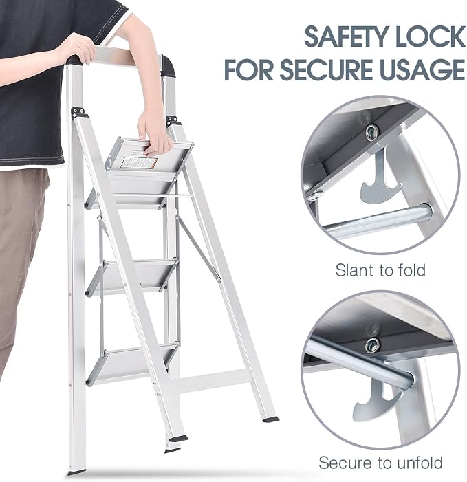 KINGRACK Aluminium 3 Step Ladder, Lightweight Step Stool with Non-Slip Pedals, Handrail, 330 LBS Foldable Step Ladder for Kitchen, Garage, Home, Space Saving, Sturdy and Portable, Silver - Image 6