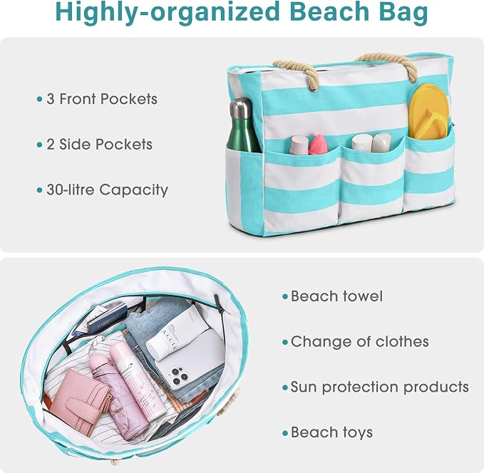Becokan Beach Bags for Women Canvas Large Beach Tote Bag Zipper Waterproof Sandproof Foldable Swim Pool Bag with 7 Pockets - Image 7