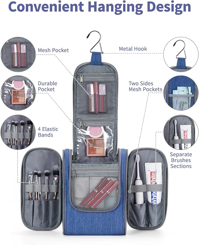 Narwey Small Hanging Travel Toiletry Bag Cosmetic Make up Organizer for Women and Men (Medium, Navy Blue) - Image 2