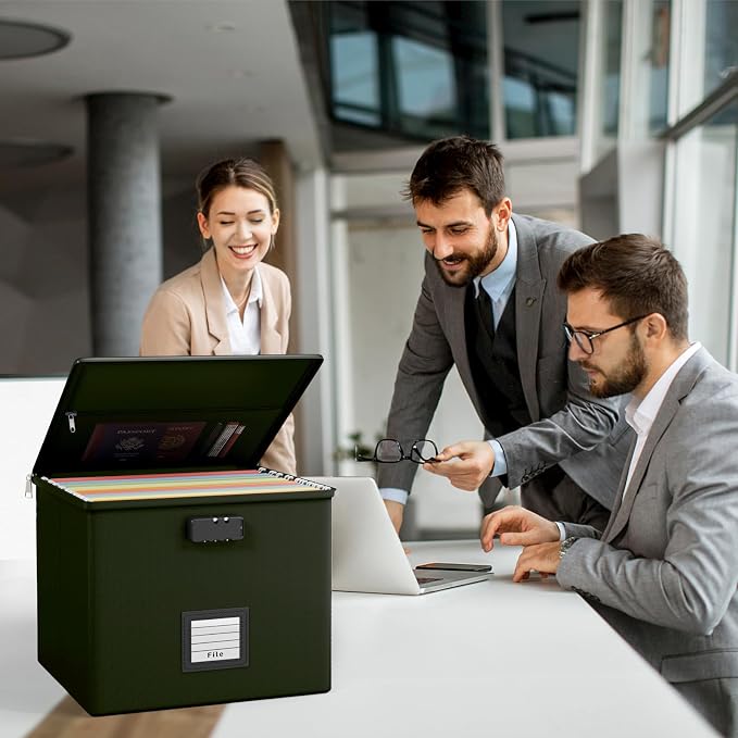 Army Green Fire Proof File Box for Documents - Portable Fireproof Document Organizer Box with Handle Waterproof Safe Locking Folder Storage with Lid - Image 2