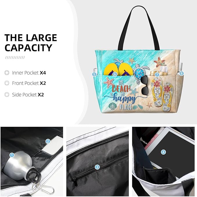 Beach Bag Tote Bags Waterproof Sandproof for Women Large Beach Tote Pool Bag Foldable with Zipper for Travel Weekend - Image 4