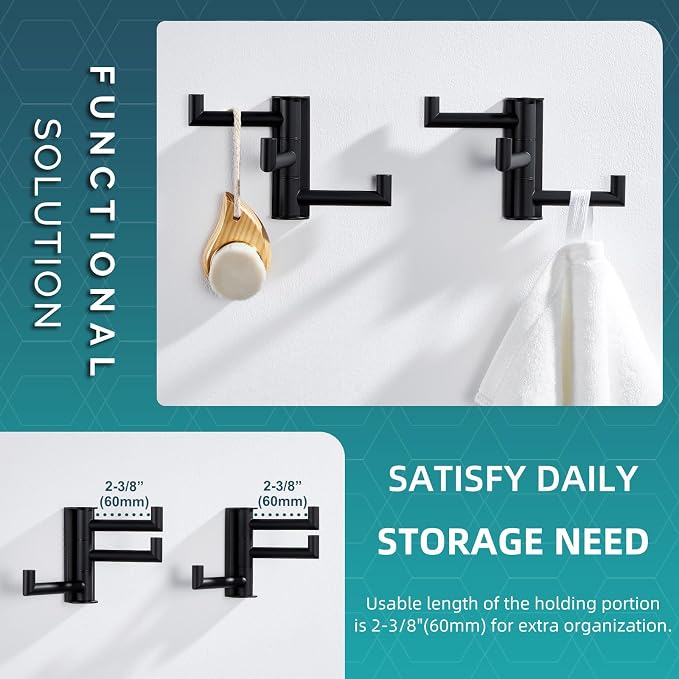 Angle Simple Swivel Towel Hooks for Bathrooms, 2 Pack Wall Hook Matte Black | Swing Foldable 3 Arms for Hand Towel Robe Coat, Solid 304 Stainless Steel, Space Saver for Kitchen Shower Closet, Wall Mount - Image 5