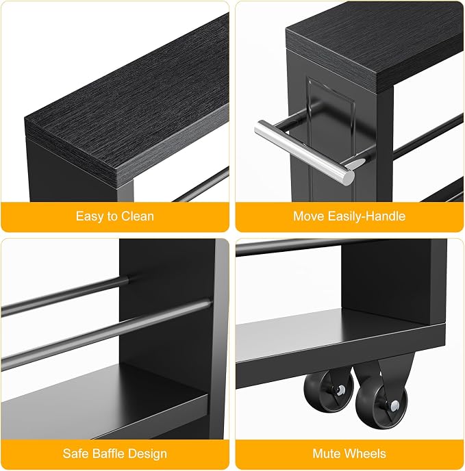 KLM Rolling Storage Cart 4-Tier Black Kitchen Cart with Wheels, Slim Storage Cart with Handle Slide Out Utility Cart Shelving Unit Organizer Trolley for Laundry Narrow Places Bathroom Small Corner - Image 3