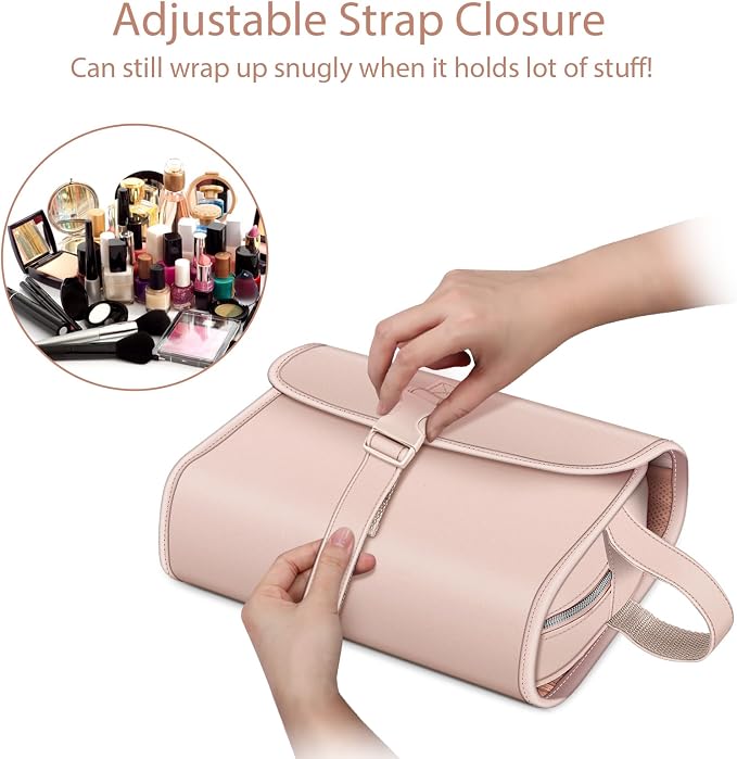 FINTIE Portable Toiletry Cosmetic Travel Bag Hanging Makeup Organizer | Large Water Resistant Storage Pouch Case, For Women Girls, Pink - Image 3