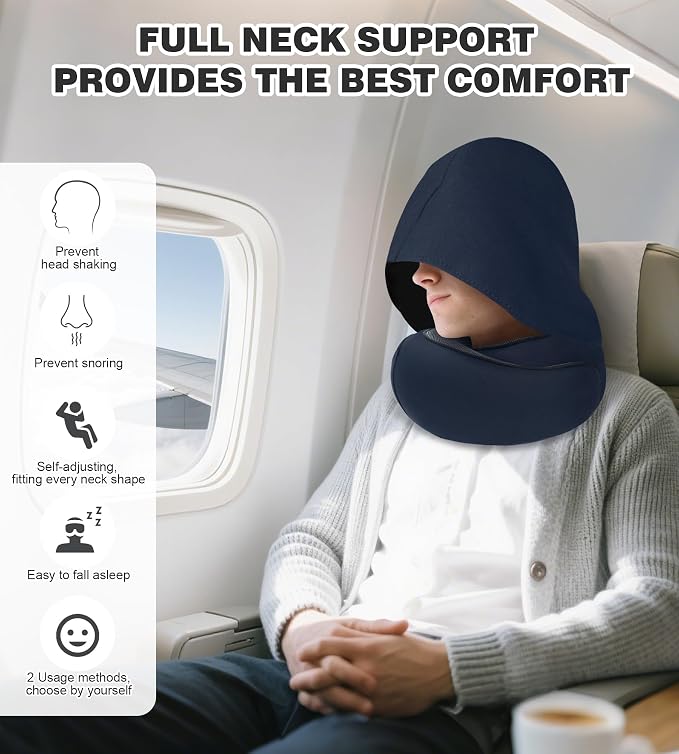 Travel Neck Pillow, Newly Upgraded Hooded Neck Pillow , 100% Pure Memory Foam Travel Pillow for Flight Headrest Sleep,Portable Aircraft Accessory,Suitable for use in Plane/Car/Office(Dark blue) - Image 6