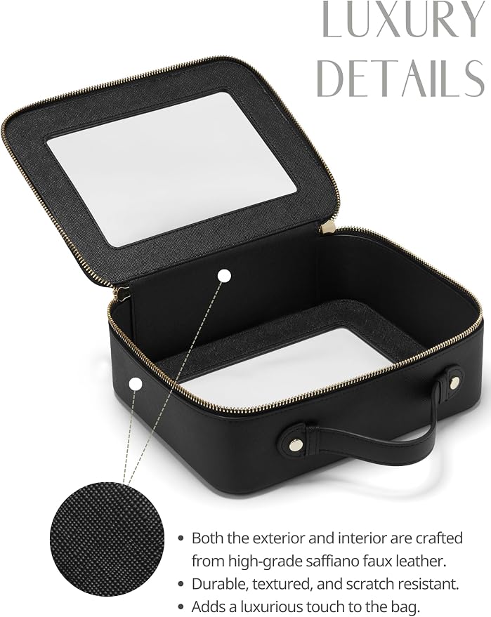 Large Capacity Clear Toiletry Bag for Women Travel Makeup Bag Black | Structured Mahjong Tile Bag with Zipper and Handle, Big Long-trip Cosmetic Case, Waterproof PU Leather, Wide Open Portable - Image 4