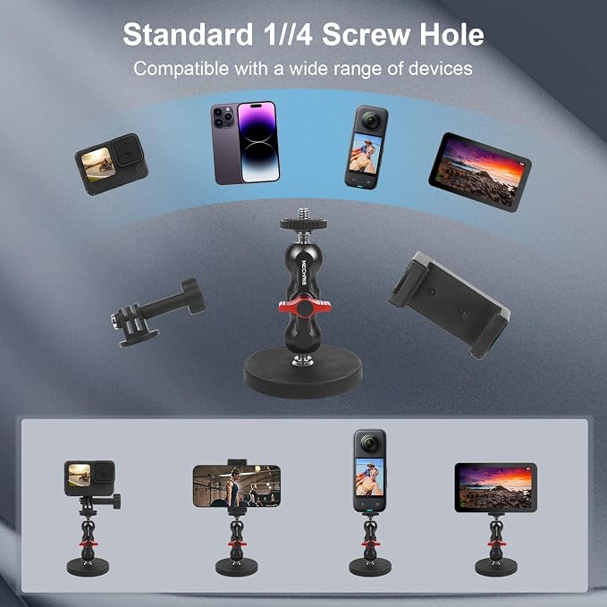 Magnetic Camera Mount for Action Camera- Strong Magnet Base with 360° Rotation Ball Head Magic Arm &1/4"-20 Thread & Phone Holder,Metal Compatible with Pocket 3 /X4/X3 for Car Gym,JC024 - Image 3