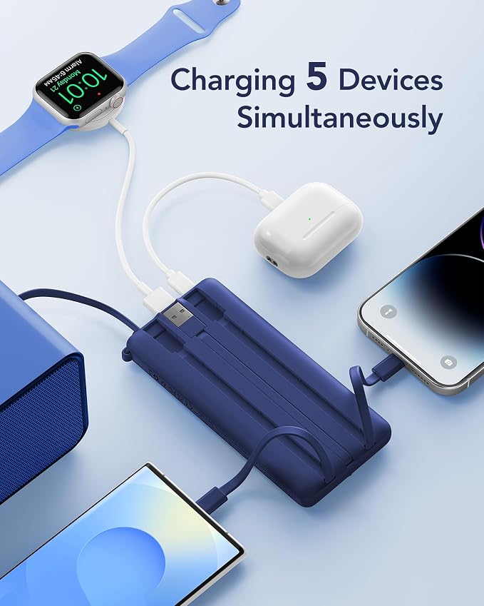 VRURC Portable Charger, Built in 4 Cables & Lanyard Power Bank 10000mAh | Compact USB C Phone Charging Bank 5 Outputs for Multi Devices,Travel Essential for Hiking Camping Business-Navy(1 Pack) - Image 4