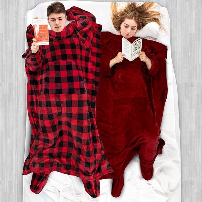 PAVILIA Fleece Blanket with Sleeves, Foot Pockets for Women Men Adults, Plush Wearable Blanket Throw Wrap, Warm Snuggle Blanket Robe, Cozy Gift Ideas Wife Mom, Checkered Red - Image 5