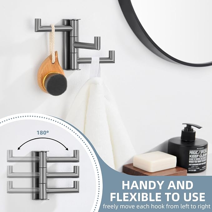 Angle Simple Swivel Hook 3 Arms, Towel Hook for Bathroom, Gunmetal Gray | SUS304 Stainless Steel, Foldable Hand Towel Holder, Compact & Heavy Duty for Shower Closet Kitchen, Screws Wall Mount - Image 6