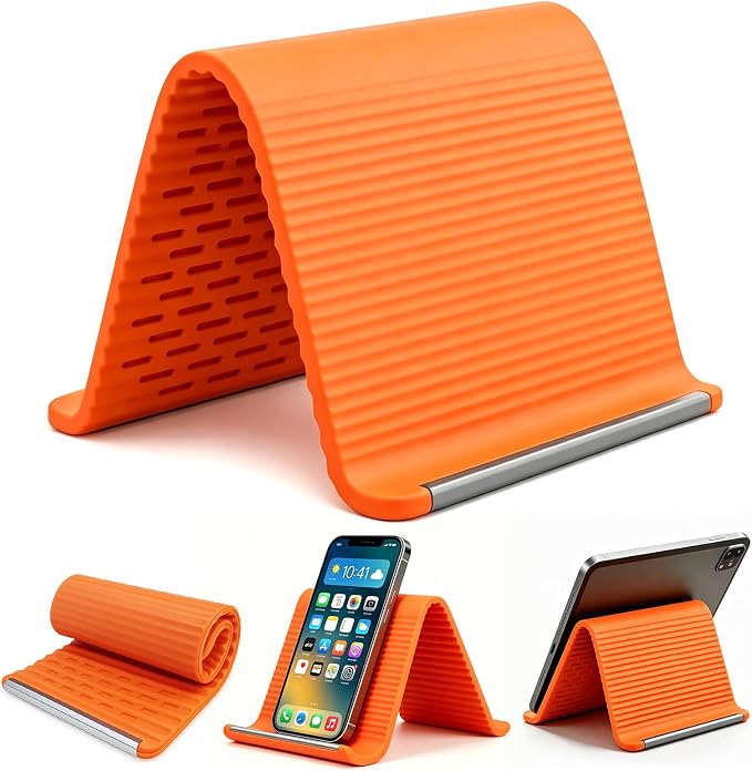 Flexible Silicone Phone Stand with Aluminum Core, Foldable Silicone Phone Holder for Cell Phones, Tablets & Small Devices, Adjustable Desktop & Airplane Phone Holder for Travel, Office & Home (Orange) by Unknown