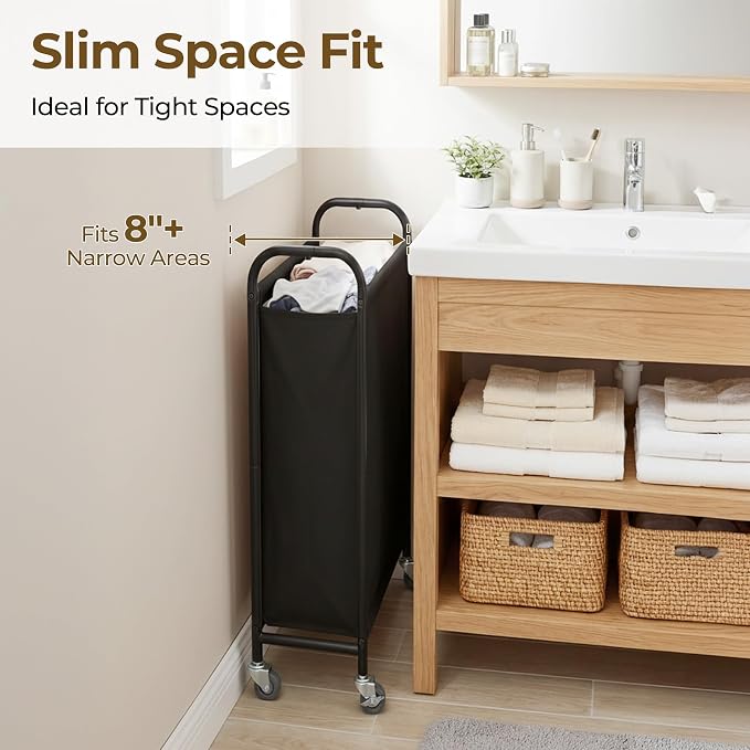 GRANNY SAYS Laundry Hamper, Slim Basket with Wheels and Handles, Black, 80L | Heavy Duty Metal Frame, Silent Rolling Cart for Clothes in Bedroom, Bathroom, Dorm - Image 3