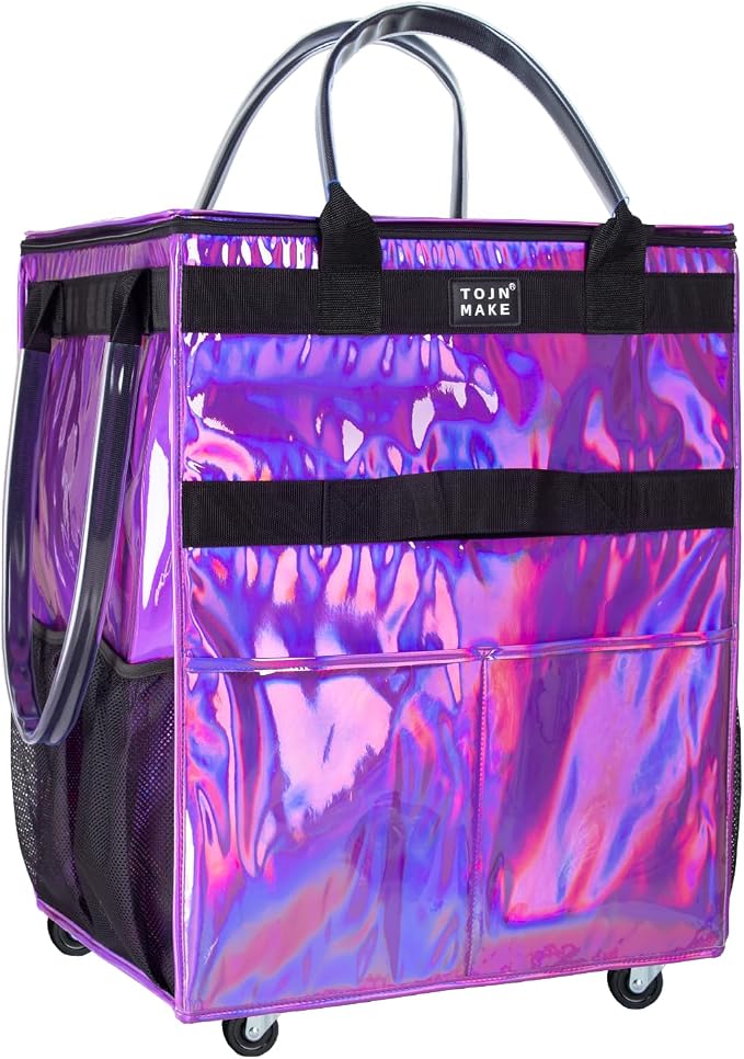 Reusable Grocery Bag with Wheels, Large Glitter Purple Rolling Tote by TOJNMAKE