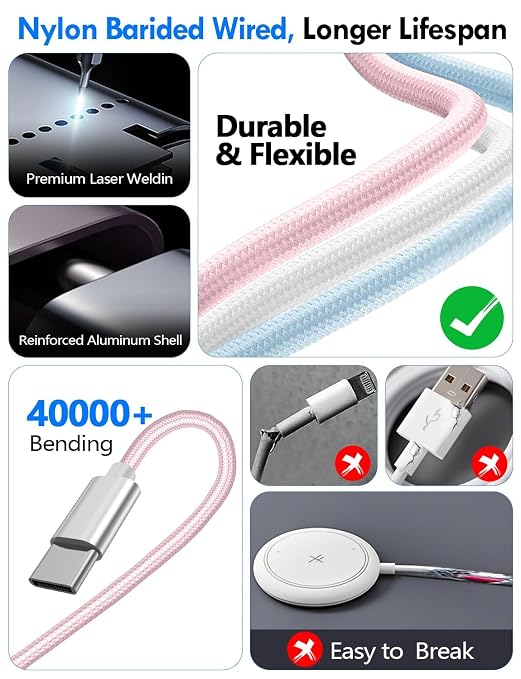 2Pack Travel Essentials for Apple Watch Charger,3-in-2 Multi Charging Cable | Cruise Vacation Camping Essentials for iPhone Charger,Type C/Lightning for iWatch,iPhone 17-12,Xbox Series X&S-5FT Pink - Image 5