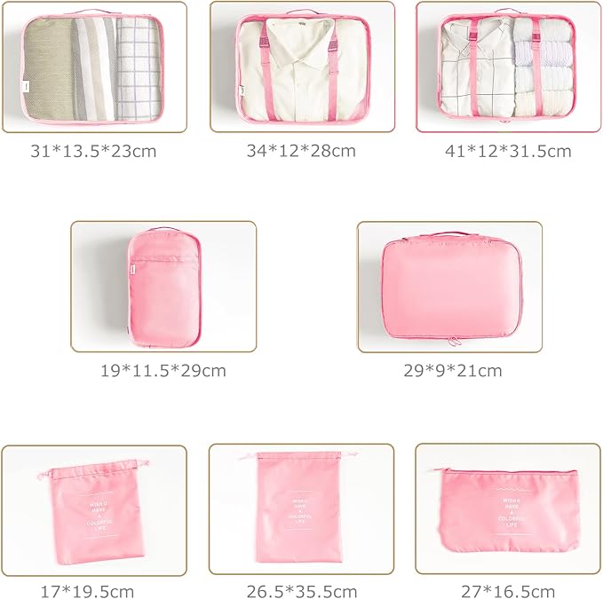 LANSKLBD 6/8 Set Packing Cubes for Suitcases Travel Luggage Packing Organizers,Travel Accessories Essentials Luggage Organizer with Shoe/Tioletry/Laundry Bag (Pink, 8 set) - Image 3