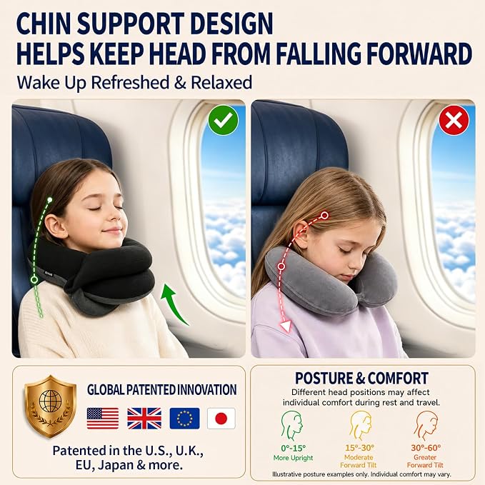 Kids Travel Pillows for Airplane, Memory Foam 360° Head Support Sleeping Essentials for Long Flight, Skin-Friendly Soft Neck Pillow for Traveling in Car Seat, (Small, Black Grey, 40-90 lbs) - Image 3