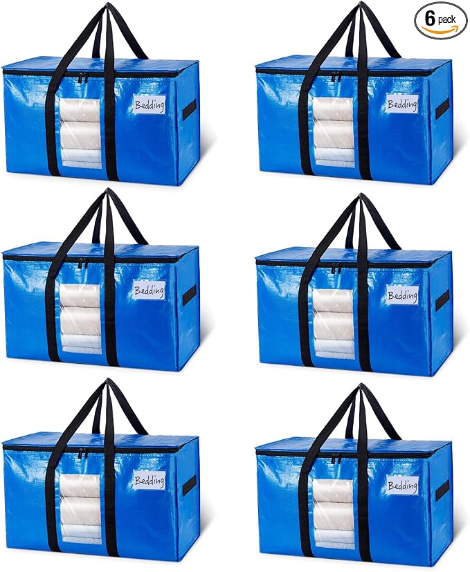TAILI 6 Pack Blue Extra Large Moving Bags,Storage Bags with Visible Window | 93L Heavy Duty Totes For Storage,Wrap Around Handles,Alternative to Moving Boxes, College Dorm,Perfect for Moving by TAILI