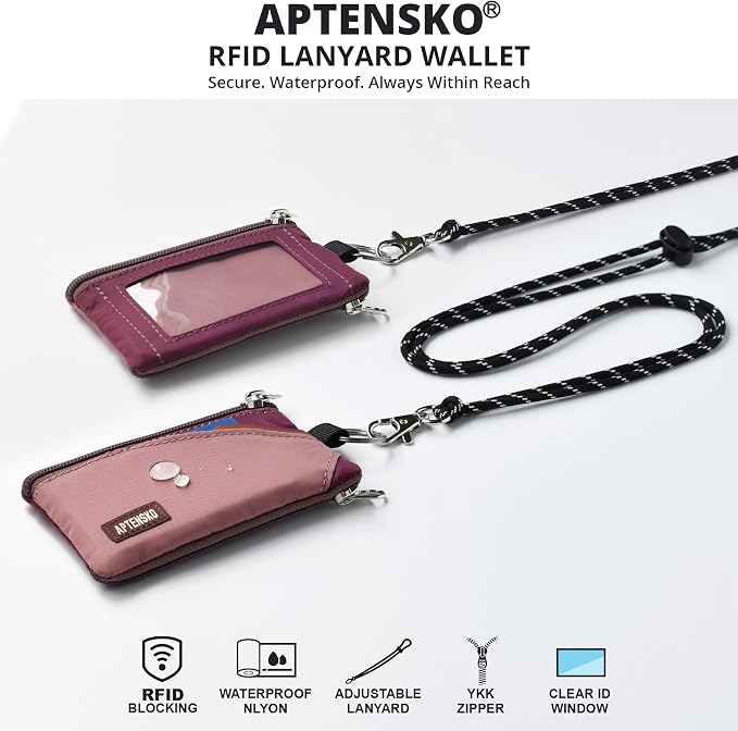 RFID Blocking Travel Wallet with Adjustable Lanyard, Small Nylon Zipper Pouch and Badge Holder for ID, Credit Cards, Cash, Keys, Commuters (Mauve+Plum Wine) - Image 2