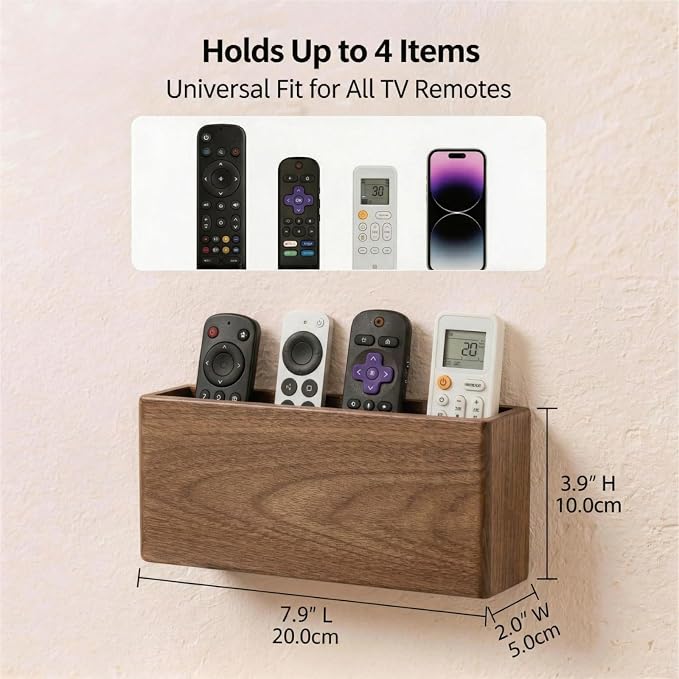Wall Mount Remote Control Holder, Dark Walnut Wood TV Remote Organizer & Phone Caddy, No-Drill Space-Saving Wall Storage for Living Room, Office, Bedroom and Bedside - Image 2