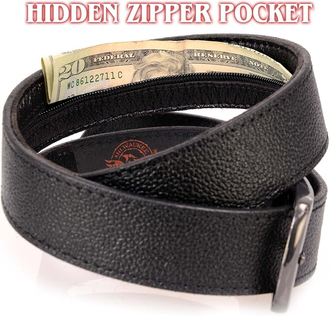 Milwaukee Leather Men's Black Money Leather Belt, MP7150 | Interchangeable Buckle; Hidden Money Pocket; Rider Storage - Image 2