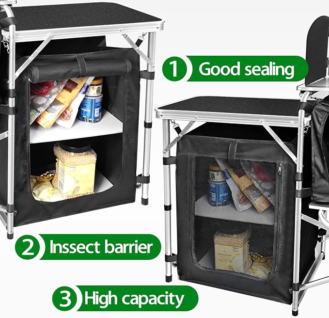 CampLand Folding Camping Kitchen Table with Windscreen,Portable Outdoor Cooking Station with Storage Cabinet & Side Tables Heavy Duty Camp Cook Station for Camping & BBQ (Black3cabinet) - Image 5