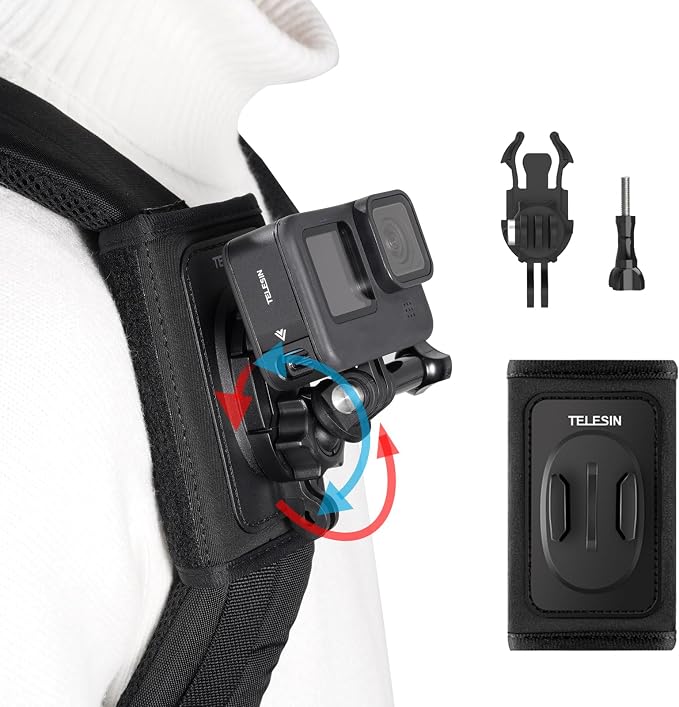 TELESIN 360° Quick-Release Backpack Strap Mount for Action Cameras | 360° quick-release adapter with adjustable shock-absorbing shoulder pad; fits GoPro, DJI Osmo, Insta360 and AKASO cameras. by telesin