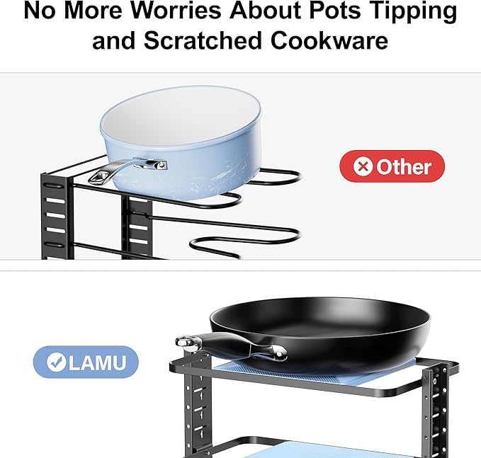 LAMU Pots and Pans Organizer for under Cabinet, 4-Tier Heavy Duty Pan Pot Organizers inside Cabinet, Adjustable Pot Rack Kitchen Cabinet Organization and Storage Holds up to 12" Cookware - Image 6