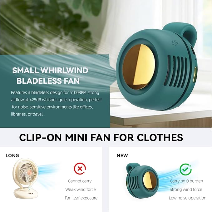 Portable silent mini bladeless fan 3-speed clip-on fan 360° rotatable, suitable for outdoor, travel and office use, travel accessory (Green) - Image 3